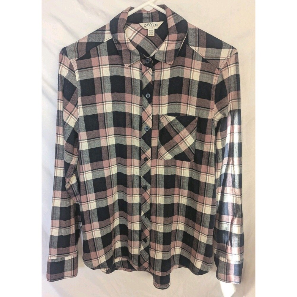 Orvis Womens Sz S Plaid Flannel Button Up Shirt Blue Pink Shacket Cabincore